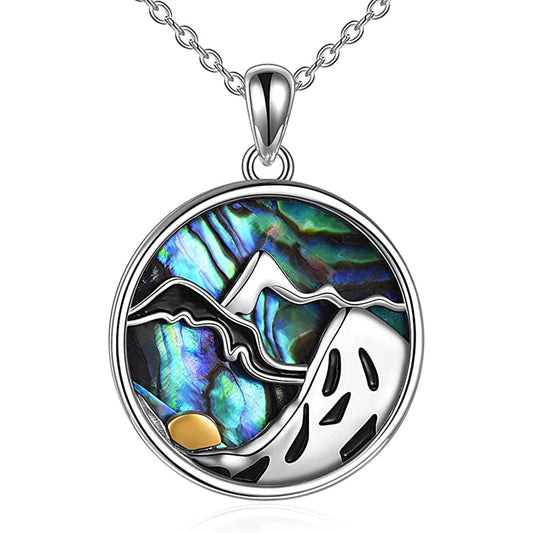 Sterling Silver Abalone Shell Mountain Hiking Pendant Necklace