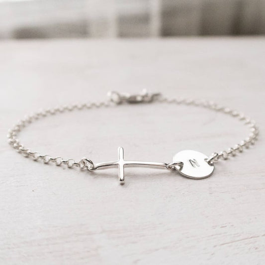 Sterling Silver Sideways Cross Personalized Initial Bracelet