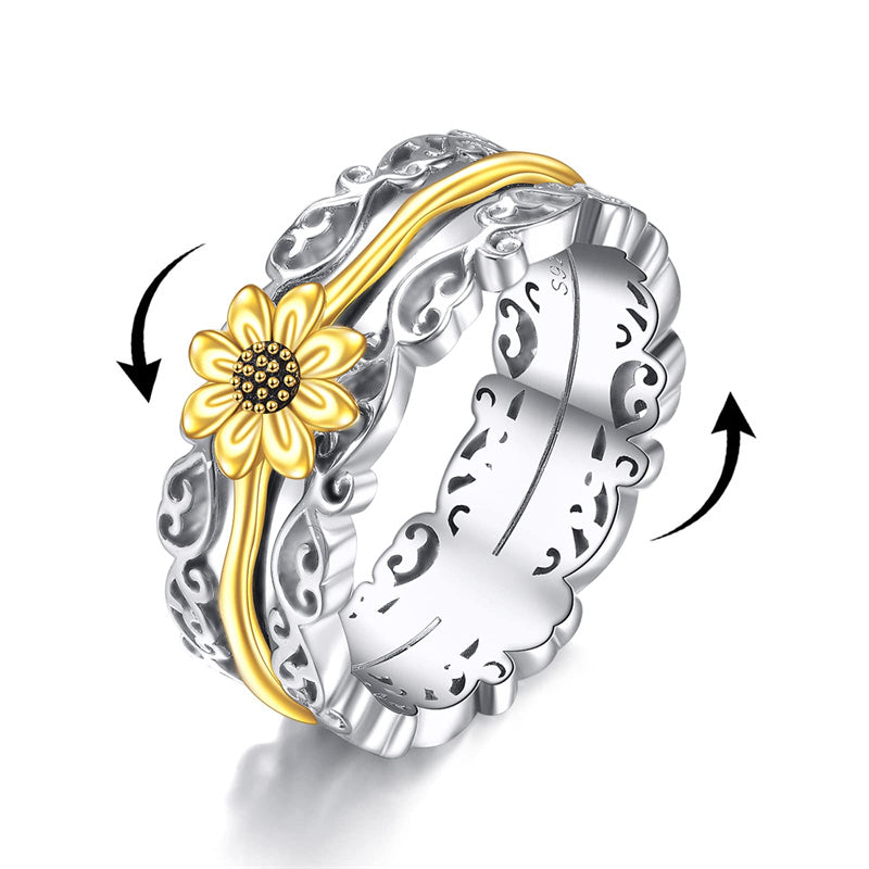 Sterling Silver Sunflower Cross Spinner Ring