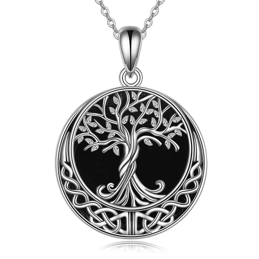 Sterling Silver Black Onyx Abalone Shell Tree of Life Celtic Knot Pendant Necklace